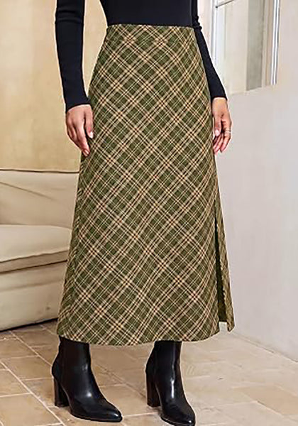 Green & Khaki Women's Trendy Plaid Maxi Skirt — High Waisted A Line Long Skirt with Side Slit, Vintage Pattern & Back Elastic Waist
