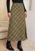 Green & Khaki Women's Trendy Plaid Maxi Skirt — High Waisted A Line Long Skirt with Side Slit, Vintage Pattern & Back Elastic Waist