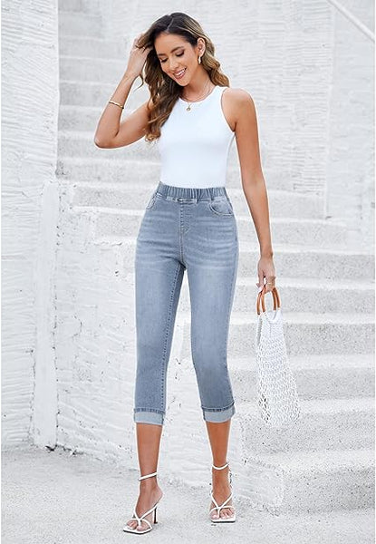 Daylight Blue - Acid Wash Women's High Waisted Elastic Slight Stretch Denim Pull On Cuffed Hem Capri Jeans Denim Pants