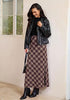 Wine Red & Khaki Women's Trendy Plaid Maxi Skirt — High Waisted A Line Long Skirt with Side Slit, Vintage Pattern & Back Elastic Waist