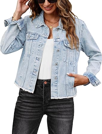 Roadnight Blue Acid Washed Women's Denim Frayed Hem Button Up Distressed Jackets