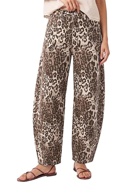 Sand Leopard Women's Trendy Leopard Barrel Jeans — High Waisted Baggy Wide Leg Stretchy Denim Pants with Front Seam & Ankle Length