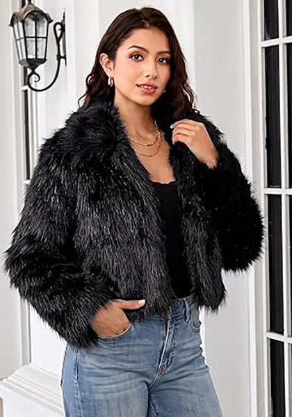 Black Women's Solid Color Shaggy Faux Fur Jacket — Cropped Long Pile Coat with Lapel Collar, Hook Closure & Drop Shoulder