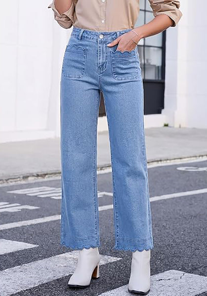 GRAPENT Women's High Waisted Scalloped Ankle Jeans | Stretchy Denim, Straight Wide Leg, 27.5" Inseam, Patched Pockets, Work Office Dressy Casual