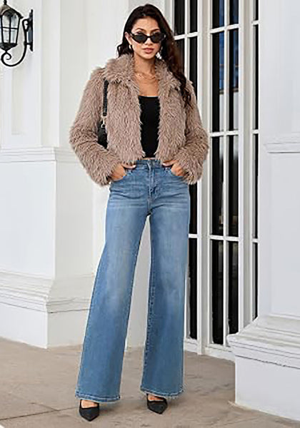 khaki Women's Solid Color Shaggy Faux Fur Jacket — Cropped Long Pile Coat with Lapel Collar, Hook Closure & Drop Shoulder