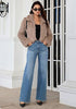 khaki Women's Solid Color Shaggy Faux Fur Jacket — Cropped Long Pile Coat with Lapel Collar, Hook Closure & Drop Shoulder