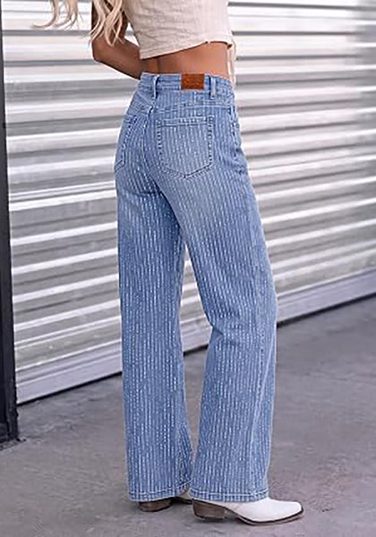 Modern Blue Women's Rhinestone Wide Leg Jeans, High Waisted Stretch Glitter Sparkly Embellished Denim Pants, 29.5" Inseam Trendy Party Night Out Outfits