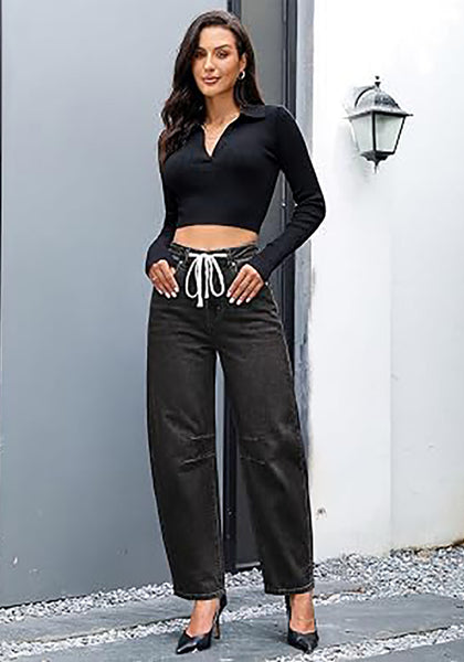 Washed Black Barrel Jeans for Women High Waisted Baggy Drawstring Wide Leg Denim Pants Stretchy Ankle Length 27.5 Inseam Casual Trendy