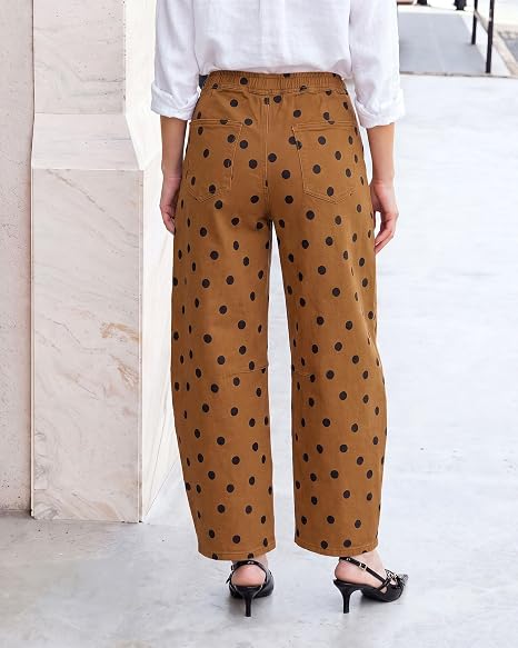 GRAPENT Women's High Rise Polka Dot Barrel Jeans | Stretch Denim, Elastic Drawstring Waist, 27" Inseam, Cropped, Dressy Casual Daily Wear