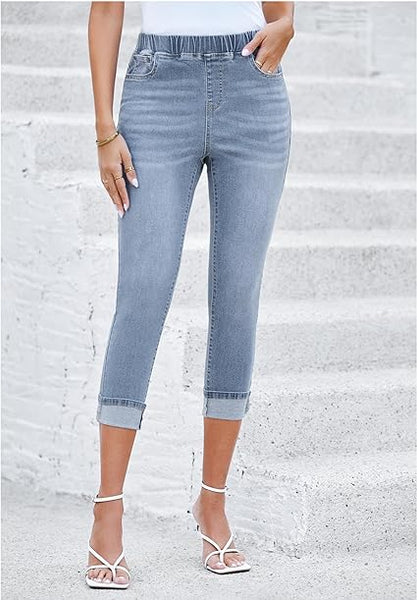 Daylight Blue - Acid Wash Women's High Waisted Elastic Slight Stretch Denim Pull On Cuffed Hem Capri Jeans Denim Pants