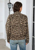Khaki Leopard Women's Leopard Print Bomber Jacket — Oversized Brushed Wool Blend Cheetah Jacket with Stand Collar, Snap Buttons & Elastic Hem