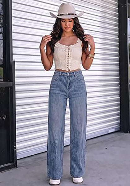 Bay Blue Women's Rhinestone Wide Leg Jeans, High Waisted Stretch Glitter Sparkly Embellished Denim Pants, 29.5" Inseam Trendy Party Night Out Outfits