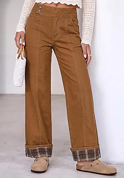 Brown Women's High Rise Wide Leg Jeans — Stretchy Denim Pants with Double Button Waistband, Vertical Seam & Contrast Plaid Cuffs