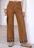 Brown Women's High Rise Wide Leg Jeans — Stretchy Denim Pants with Double Button Waistband, Vertical Seam & Contrast Plaid Cuffs