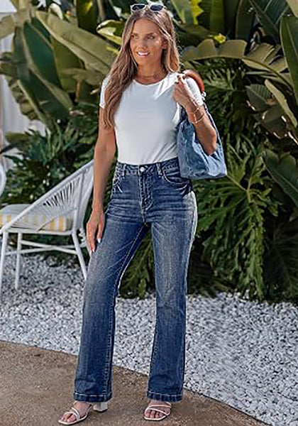 Vintage Blue Women's Trendy Mid Rise Bootcut Jeans — Stretchy Western Denim Pants with 90s Vintage Flare & 30.5" Inseam