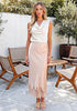 Pink Tint Women's Satin Maxi Skirt — Silky Bias Cut Long Slip Skirt with Easy Pull On Elastic Waistband & Lace Trim Hem