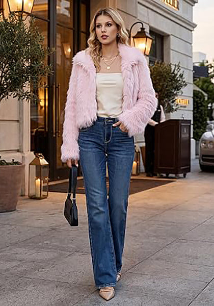 Pink Women's Solid Color Shaggy Faux Fur Jacket — Cropped Long Pile Coat with Lapel Collar, Hook Closure & Drop Shoulder