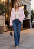 Pink Women's Solid Color Shaggy Faux Fur Jacket — Cropped Long Pile Coat with Lapel Collar, Hook Closure & Drop Shoulder