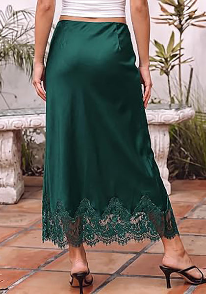 Dark Green Women's Satin Maxi Skirt — Silky Bias Cut Long Slip Skirt with Easy Pull On Elastic Waistband & Lace Trim Hem