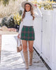 Dark Green Red Women's Plaid Skort High Waist Faux Wrap Mini Skirt with Side Zipper, Elastic Back & Built-in Shorts