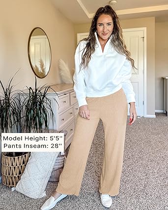 Beige Women's Ankle-Length High-Waist Pants Relaxed Fit Wide-Leg Pull-On Side Pocket