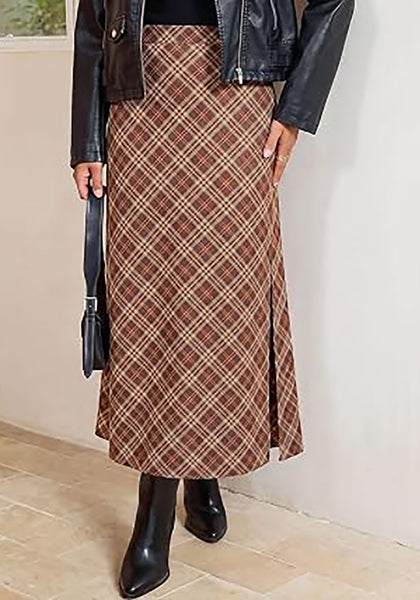 Cinnamon & Khaki Women's Trendy Plaid Maxi Skirt — High Waisted A Line Long Skirt with Side Slit, Vintage Pattern & Back Elastic Waist