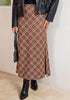 Cinnamon & Khaki Women's Trendy Plaid Maxi Skirt — High Waisted A Line Long Skirt with Side Slit, Vintage Pattern & Back Elastic Waist