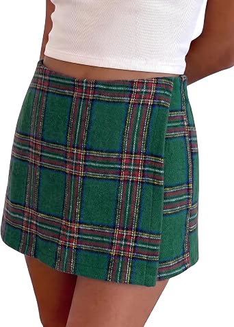 Dark Green Red Women's Plaid Skort High Waist Faux Wrap Mini Skirt with Side Zipper, Elastic Back & Built-in Shorts