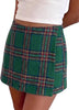 Dark Green Red Women's Plaid Skort High Waist Faux Wrap Mini Skirt with Side Zipper, Elastic Back & Built-in Shorts