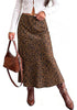 Dark Brown Cheetah Women's Leopard Print Satin Maxi Skirt — High Waisted Bias Cut A Line Slip Skirt with Stretchy Elastic Waistband