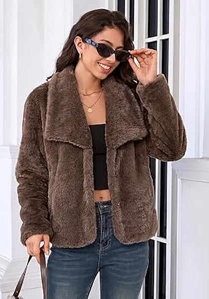 Brown Wide Lapel Faux Fur Coat for Women — Oversized Dropped Shoulder Jacket with Side Pockets & Snap Buttons