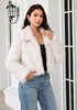 Cream White  Women's Solid Color Shaggy Faux Fur Jacket — Cropped Long Pile Coat with Lapel Collar, Hook Closure & Drop Shoulder