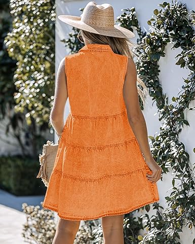 Vibrant Orange Denim Dress for Women Sleeveless Babydoll Button Down S Lookbook Store