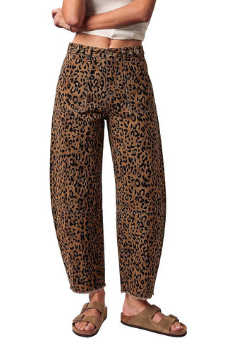GRAPENT Women's High Rise Leopard Barrel Jeans | Leopard Print Denim, Adjustable Cinched Waist, Frayed Hem, 28" Inseam, Country Concert Casual Work Wear
