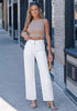 Cream White Women's High Waisted Wide Leg Jeans by luvamia — Stretchy 90s Baggy Straight Denim, Raw Hem, Button Front, 29.5