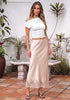 Pink Tint Women's Satin Maxi Skirt — Silky Bias Cut Long Slip Skirt with Easy Pull On Elastic Waistband & Lace Trim Hem