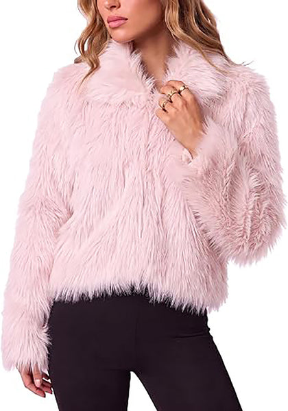 Pink Women's Solid Color Shaggy Faux Fur Jacket — Cropped Long Pile Coat with Lapel Collar, Hook Closure & Drop Shoulder