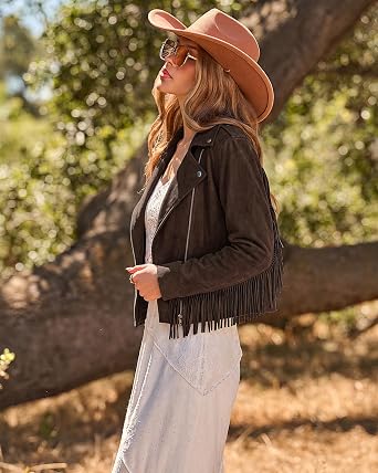 Dark Brown Women's Cropped Fringe Faux Suede Jacket — Trendy Zip Up Tassel Cowgirl Jacket with Full Lining & Faux Leather Finish