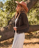 Dark Brown Women's Cropped Fringe Faux Suede Jacket — Trendy Zip Up Tassel Cowgirl Jacket with Full Lining & Faux Leather Finish
