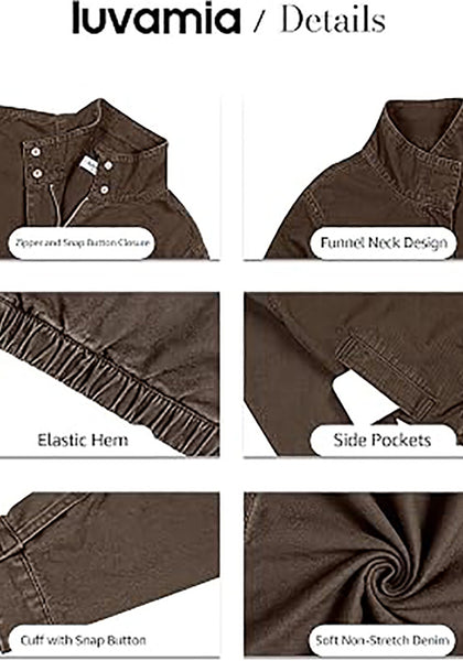 Chocolate Brown Women's Funnel Neck Denim Jacket — Oversized Zip Up Jean Jacket with Drop Shoulder, Elastic Hem & Side Slant Pockets