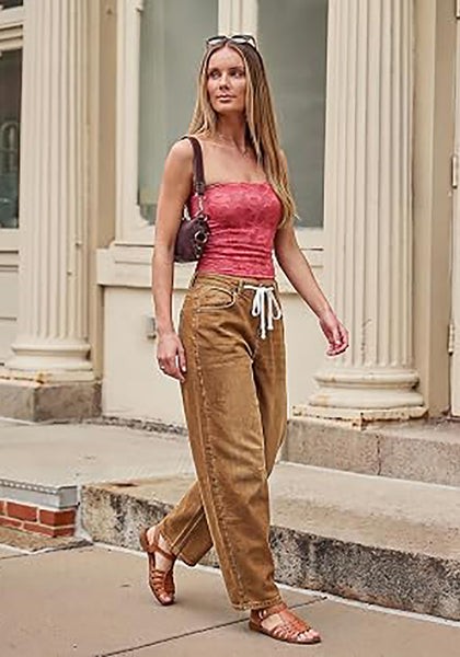 Golden Brown Barrel Jeans for Women High Waisted Baggy Drawstring Wide Leg Denim Pants Stretchy Ankle Length 27.5 Inseam Casual Trendy