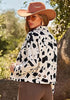 Black Cow Print Women's Cow Print Faux Suede Shacket — Cropped Button Down Jacket with Pockets & Full Lining