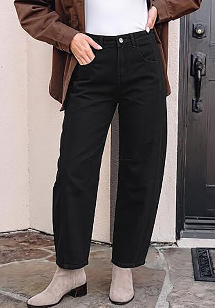 True Black Women's Trendy Barrel Jeans — High Waisted Baggy Wide Leg Denim Pants with Cinched Waist, Front Seam & Ankle Length
