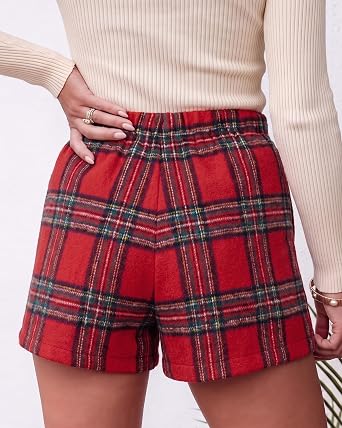 Red Green Women's Plaid Skort High Waist Faux Wrap Mini Skirt with Side Zipper, Elastic Back & Built-in Shorts