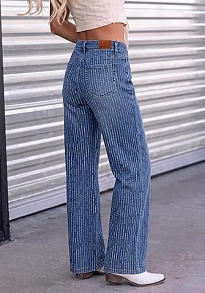Classic Blue Women's Rhinestone Wide Leg Jeans, High Waisted Stretch Glitter Sparkly Embellished Denim Pants, 29.5" Inseam Trendy Party Night Out Outfits