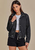 Washed Black Women's Funnel Neck Denim Jacket — Oversized Zip Up Jean Jacket with Drop Shoulder, Elastic Hem & Side Slant Pockets
