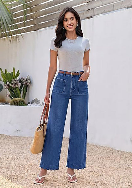 GRAPENT Women's High Waisted Scalloped Ankle Jeans | Stretchy Denim, Straight Wide Leg, 27.5" Inseam, Patched Pockets, Work Office Dressy Casual