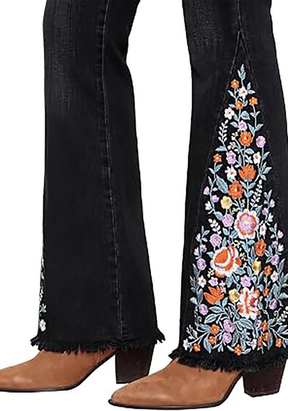 Washed Black Women's Floral Embroidery Flare Jeans — High Waisted Stretchy Bootcut Denim with Raw Frayed Hem & Retro Distressed Wash
