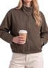 Chocolate Brown Women's Funnel Neck Denim Jacket — Oversized Zip Up Jean Jacket with Drop Shoulder, Elastic Hem & Side Slant Pockets
