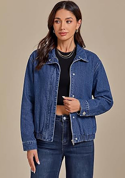 Classic Blue Women's Funnel Neck Denim Jacket — Oversized Zip Up Jean Jacket with Drop Shoulder, Elastic Hem & Side Slant Pockets